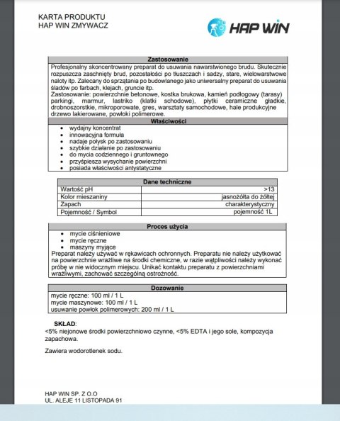 HAP WIN 1L Silny Zmywacz do Brudu Tłuszczu Sadzy Gres Beton