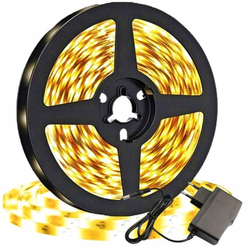 TAŚMA Ledy LED BIAŁA CIEPŁA 5M 3500K 12V 230V WODOODPORNA + ZASILACZ