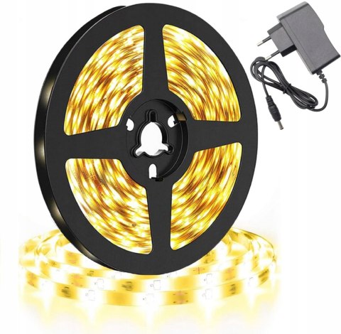 TAŚMA Ledy LED BIAŁA CIEPŁA 5M 3500K 12V 230V WODOODPORNA + ZASILACZ