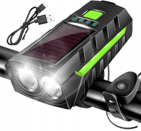 LAMPKA ROWEROWA SOLARNA LED PRZÓD NA KIEROWNICĘ I TYŁ KLAKSON DZWONEK