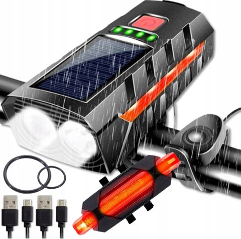 LAMPKA ROWEROWA SOLARNA LED PRZÓD NA KIEROWNICĘ I TYŁ KLAKSON DZWONEK