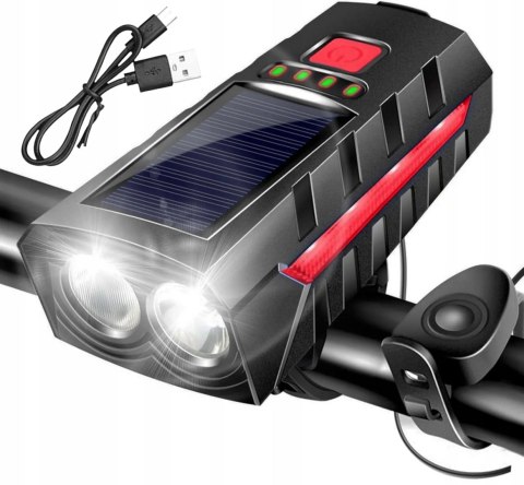 LAMPKA ROWEROWA SOLARNA LED PRZÓD NA KIEROWNICĘ I TYŁ KLAKSON DZWONEK