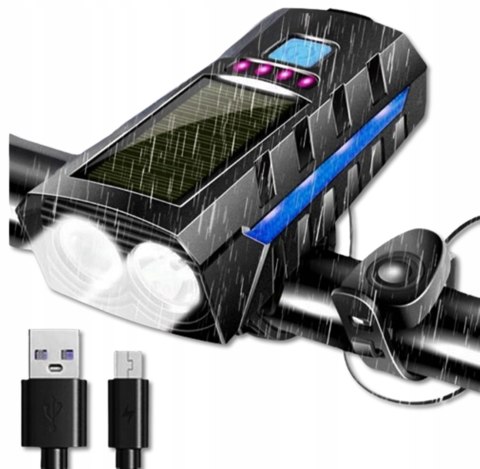 LAMPKA ROWEROWA SOLARNA LED PRZÓD NA KIEROWNICĘ I TYŁ KLAKSON DZWONEK