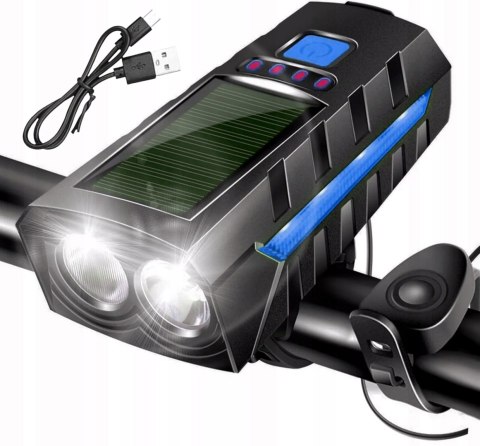 LAMPKA ROWEROWA SOLARNA LED PRZÓD NA KIEROWNICĘ I TYŁ KLAKSON DZWONEK