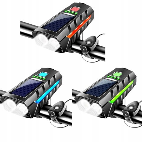 LAMPKA ROWEROWA SOLARNA LED PRZÓD NA KIEROWNICĘ I TYŁ KLAKSON DZWONEK