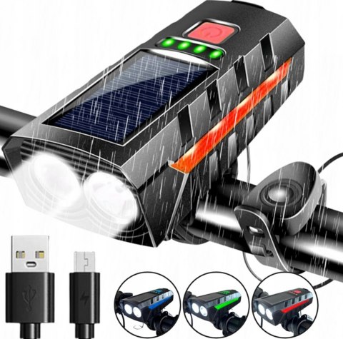 LAMPKA ROWEROWA SOLARNA LED PRZÓD NA KIEROWNICĘ I TYŁ KLAKSON DZWONEK