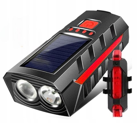 LAMPKA ROWEROWA SOLARNA LED PRZÓD NA KIEROWNICĘ I TYŁ KLAKSON DZWONEK