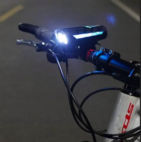 LAMPKA ROWEROWA SOLARNA LED PRZÓD NA KIEROWNICĘ I TYŁ KLAKSON DZWONEK