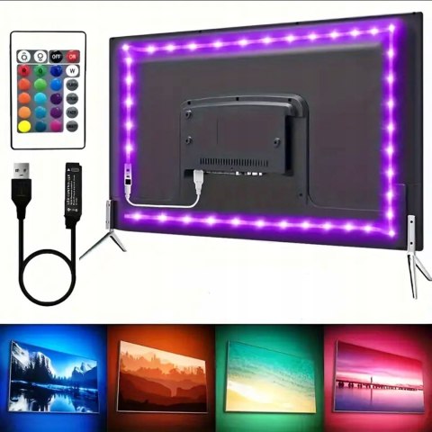 TAŚMA LED Z PILOTEM RGB USB DO TV 1M KOLOROWA PODŚWIETLENIE TELEWIZORA