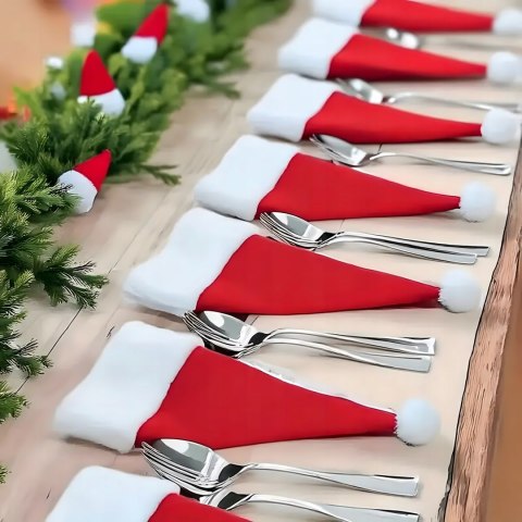 ETUI NA SZTUĆCE ŚWIĄTECZNE CZAPKA MIKOŁAJA POKROWCE NA WIDELEC NÓŻ 12 SZT