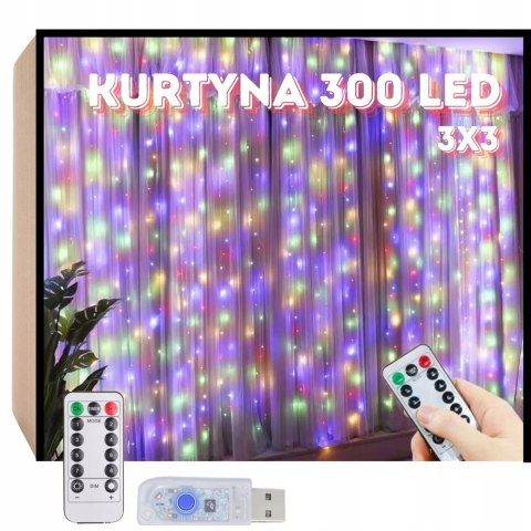 KURTYNA ŚWIETLNA KOLOROWA 3x3m USB ŚWIĄTECZNE GIRLANDA 300 LED PILOT TRYBY