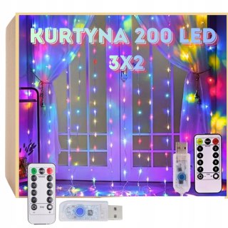 KURTYNA ŚWIETLNA NA OKNO KOLOROWE LAMPKI RGB GIRLANDA + PILOT 200 LED 3x2m