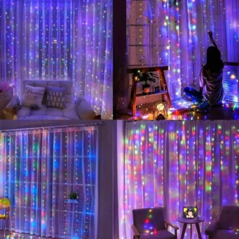 KURTYNA ŚWIETLNA NA OKNO KOLOROWE LAMPKI RGB GIRLANDA + PILOT 200 LED 3x2m
