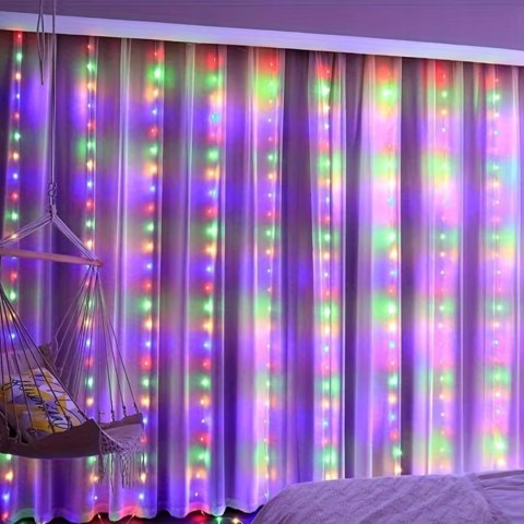 KURTYNA ŚWIETLNA NA OKNO KOLOROWE LAMPKI RGB GIRLANDA + PILOT 200 LED 3x2m