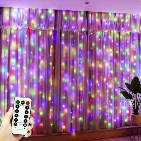 KURTYNA ŚWIETLNA NA OKNO KOLOROWE LAMPKI RGB GIRLANDA + PILOT 200 LED 3x2m