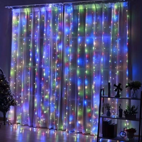KURTYNA ŚWIETLNA NA OKNO KOLOROWE LAMPKI RGB GIRLANDA + PILOT 200 LED 3x2m