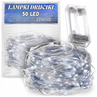 LAMPKI DRUCIKI 50 LED ZIMNY BIAŁY ŚWIATEŁKA ŚWIĄTECZNE CHOINKOWE NA BATERIE