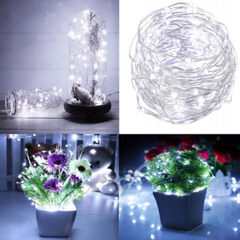 LAMPKI DRUCIKI 50 LED ZIMNY BIAŁY ŚWIATEŁKA ŚWIĄTECZNE CHOINKOWE NA BATERIE
