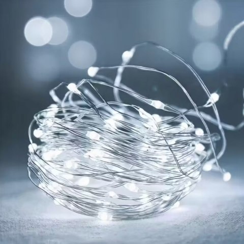 LAMPKI DRUCIKI 50 LED ZIMNY BIAŁY ŚWIATEŁKA ŚWIĄTECZNE CHOINKOWE NA BATERIE