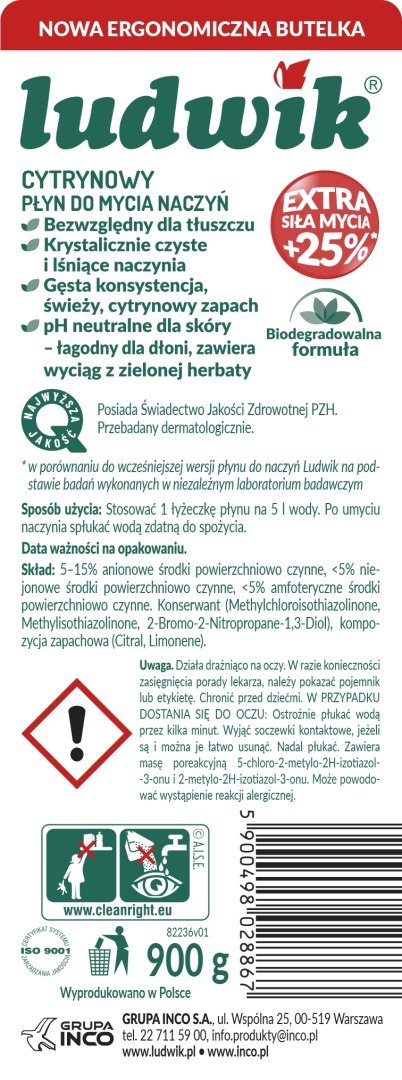 Płyn do mycia naczyń Ludwik cytrynowy 0,9 l