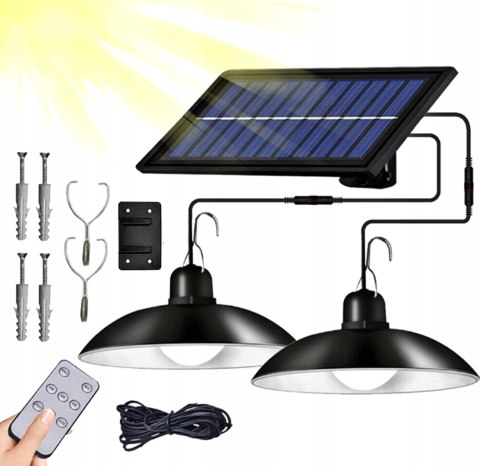 LAMPA SOLARNA PODWÓJNA ŻYRANDOL LED WISZĄCA OGRODOWA ZEWNĘTRZNA PANEL PILOT