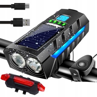 LAMPKA ROWEROWA LAMPA SOLARNA LED PRZÓD NA KIEROWNICĘ I TYŁ KLAKSON DZWONEK