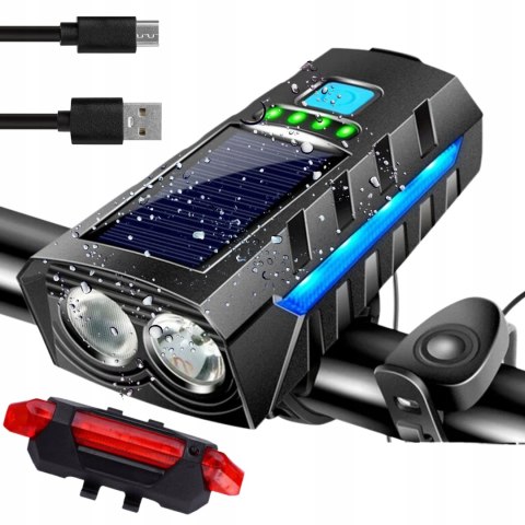 LAMPKA ROWEROWA LAMPA SOLARNA LED PRZÓD NA KIEROWNICĘ I TYŁ KLAKSON DZWONEK