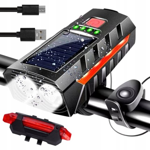 LAMPKA ROWEROWA LAMPA SOLARNA LED PRZÓD NA KIEROWNICĘ I TYŁ KLAKSON DZWONEK