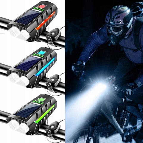 LAMPKA ROWEROWA LAMPA SOLARNA LED PRZÓD NA KIEROWNICĘ I TYŁ KLAKSON DZWONEK