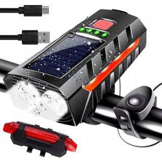 LAMPKA ROWEROWA SOLARNA LED PRZÓD NA KIEROWNICĘ I TYŁ KLAKSON DZWONEK