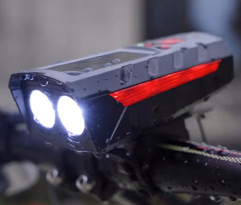 LAMPKA ROWEROWA SOLARNA LED PRZÓD NA KIEROWNICĘ I TYŁ KLAKSON DZWONEK