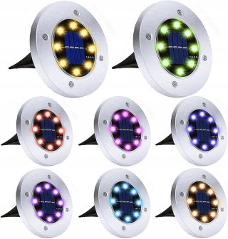 LAMPKI SOLARNE DO OGRODU LAMPY LED DYSK WBIJANE OGRODOWE GRUNTOWE RGB 8x