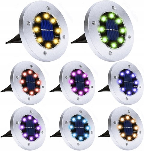 LAMPKI SOLARNE DO OGRODU LAMPY LED DYSK WBIJANE OGRODOWE GRUNTOWE RGB 8x