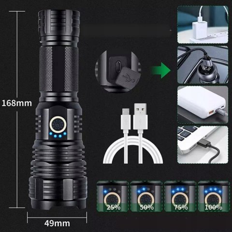 LATARKA TAKTYCZNA AKUMULATOROWA LED MOCNA WOJSKOWA SZPERACZ WODOODPORNA USB