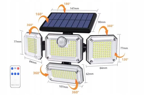 Lampa Solarna LED 4w1 Czujnik Ruchu Mocna Zewnętrzna Ogrodowa + PILOT