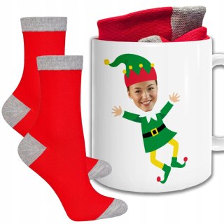 ŚWIĄTECZNY KUBEK I SKARPETKI ZESTAW NA PREZENT WZÓR TWOJA TWARZ JAKO ELF
