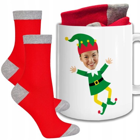 ŚWIĄTECZNY KUBEK I SKARPETKI ZESTAW NA PREZENT WZÓR TWOJA TWARZ JAKO ELF