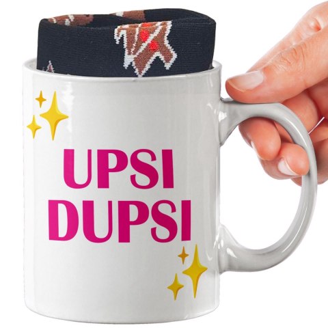 ŚWIĄTECZNY KUBEK I SKARPETKI ZESTAW NA PREZENT WZÓR UPSI DUPSI
