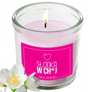 ŚWIECA SZKLANA SOJOWA ŚWIECZKA ZAPACHOWA etykieta SŁODKA W CH*J PREZENT