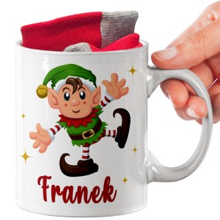 ŚWIĄTECZNY KUBEK I SKARPETKI ZESTAW NA PREZENT WZÓR ELF 02 IMIĘ