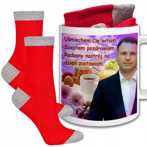 ŚWIĄTECZNY KUBEK I SKARPETKI ZESTAW NA PREZENT WZÓR MENTZEN NA DOBRY DZIEŃ