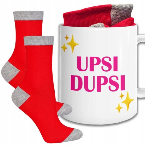 ŚWIĄTECZNY KUBEK I SKARPETKI ZESTAW NA PREZENT WZÓR UPSI DUPSI