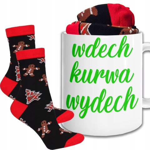ŚWIĄTECZNY KUBEK I SKARPETKI ZESTAW NA PREZENT WZÓR WDECH KUWA WYDECH