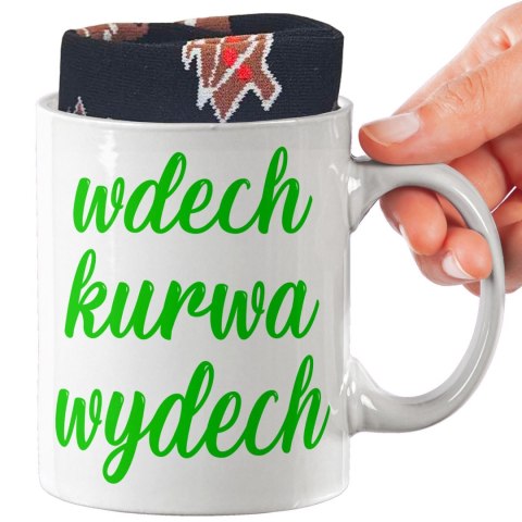 ŚWIĄTECZNY KUBEK I SKARPETKI ZESTAW NA PREZENT WZÓR WDECH KUWA WYDECH