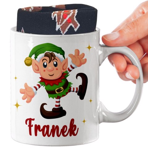 ŚWIĄTECZNY KUBEK I SKARPETKI ZESTAW NA PREZENT WZÓR ELF 02 IMIĘ