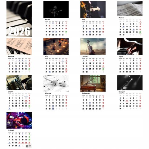 KALENDARZ MUZYKA 13 ZDJĘĆ NA ŚCIANĘ A4 ŚWIĘTA NIEDZIELE HANDLOWE