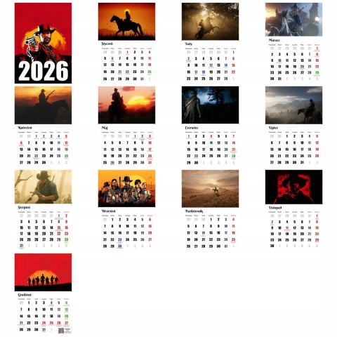 KALENDARZ RED READ REDEMPTION 13 ZDJĘĆ NA ŚCIANĘ A4 ŚWIĘTA NIEDZIELE HANDLO