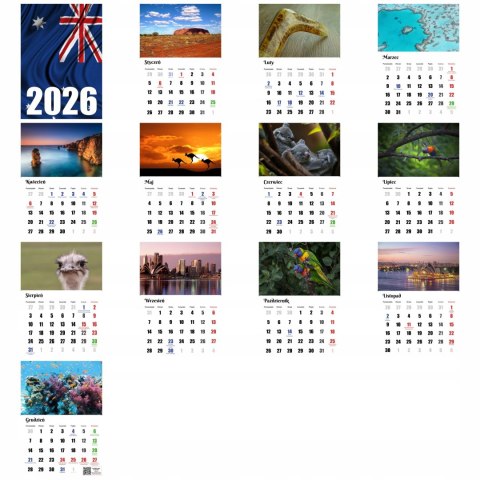 KALENDARZ AUSTRALIA 13 ZDJĘĆ NA ŚCIANĘ A4 ŚWIĘTA NIEDZIELE HANDLOWE