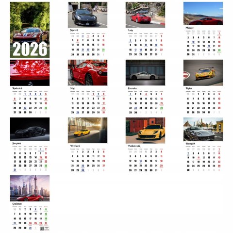 KALENDARZ FERARRI 13 ZDJĘĆ NA ŚCIANĘ A3 ŚWIĘTA NIEDZIELE HANDLOWE