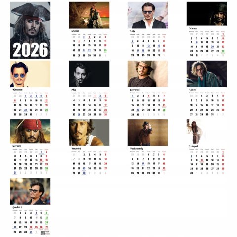 KALENDARZ JONNY DEEP 13 ZDJĘĆ NA ŚCIANĘ A3 ŚWIĘTA NIEDZIELE HANDLOWE